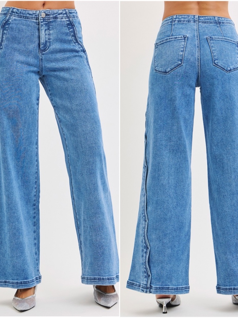 Risen Medium Wash Scalloped edge detail Wide leg Denim Jeans - Picture 2 of 3